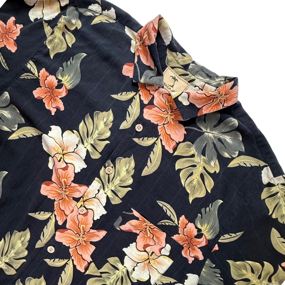 Jamaica Jaxx Mens 100% Silk Floral Hawaiian Camp Shirt Black Coral Large L
